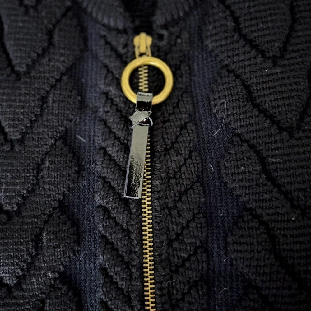 Tory Burch Navy Blue Merino Wool Cable Knit Zip Up Bomber Cardigan‎ Sweater S